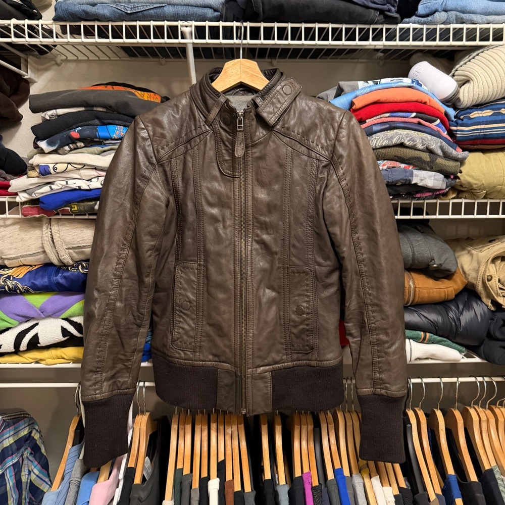 Danier Leather Jacket Womens XS Brown Bomber Genuine Leather Ribbed Trim Moto